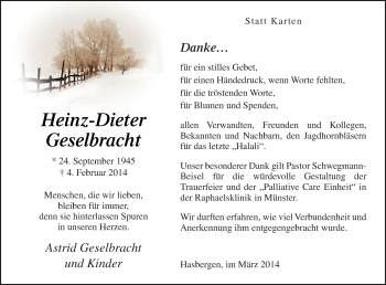 Traueranzeige von Heinz-Dieter Geselbracht von Neue Osnabrücker Zeitung GmbH & Co. KG