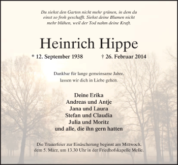 Traueranzeige von Heinrich Hippe von Neue Osnabrücker Zeitung GmbH & Co. KG