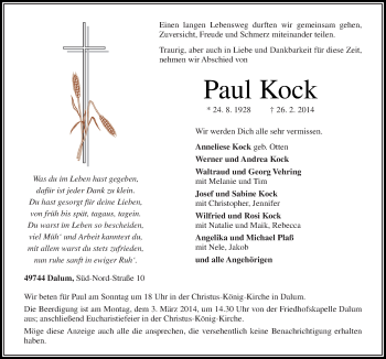 Traueranzeige von Paul Kock von Neue Osnabrücker Zeitung GmbH & Co. KG