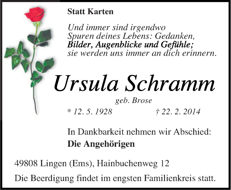  Traueranzeige für Ursula Schramm vom 01.03.2014 aus Neue Osnabrücker Zeitung GmbH & Co. KG