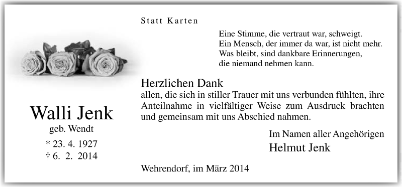  Traueranzeige für Walli Jenk vom 01.03.2014 aus Neue Osnabrücker Zeitung GmbH & Co. KG