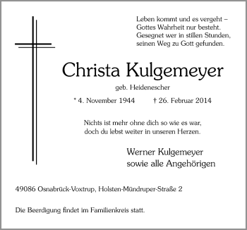Traueranzeige von Christa Kulgemeyer von Neue Osnabrücker Zeitung GmbH & Co. KG