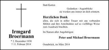 Traueranzeige von Irmgard Broermann von Neue Osnabrücker Zeitung GmbH & Co. KG