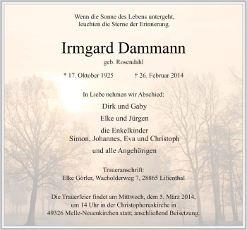 Traueranzeige von Irmgard Dammann von Neue Osnabrücker Zeitung GmbH & Co. KG