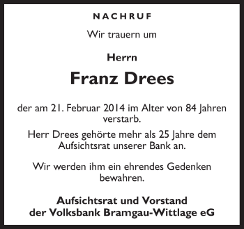 Traueranzeige von Franz Drees von Neue Osnabrücker Zeitung GmbH & Co. KG