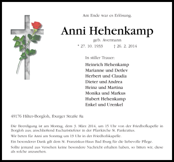 Traueranzeige von Anni Hehenkamp von Neue Osnabrücker Zeitung GmbH & Co. KG