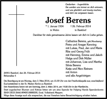 Traueranzeige von Josef Berens von Neue Osnabrücker Zeitung GmbH & Co. KG