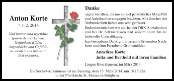 Traueranzeige von Anton Korte von Neue Osnabrücker Zeitung GmbH & Co. KG