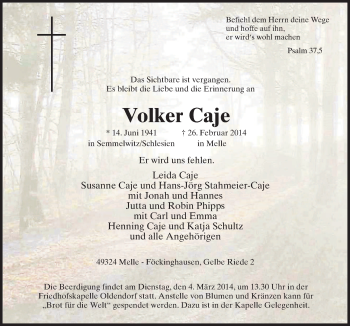 Traueranzeige von Volker Caje von Neue Osnabrücker Zeitung GmbH & Co. KG