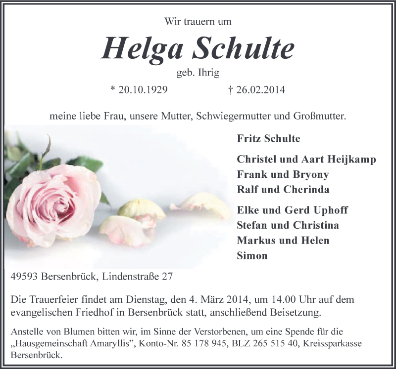  Traueranzeige für Helga Schulte vom 01.03.2014 aus Neue Osnabrücker Zeitung GmbH & Co. KG