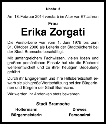 Traueranzeige von Erika Zorgati von Neue Osnabrücker Zeitung GmbH & Co. KG