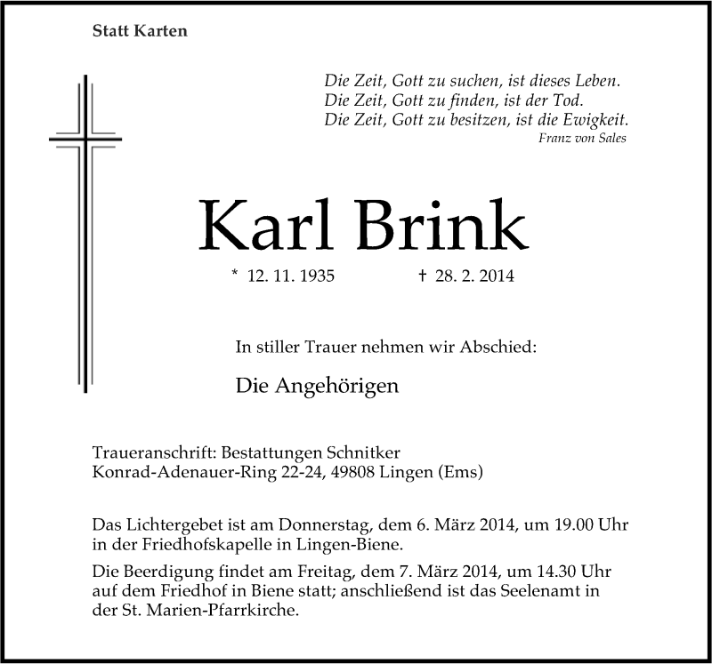  Traueranzeige für Karl Brink vom 03.03.2014 aus Neue Osnabrücker Zeitung GmbH & Co. KG