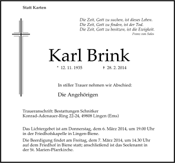 Traueranzeige von Karl Brink von Neue Osnabrücker Zeitung GmbH & Co. KG