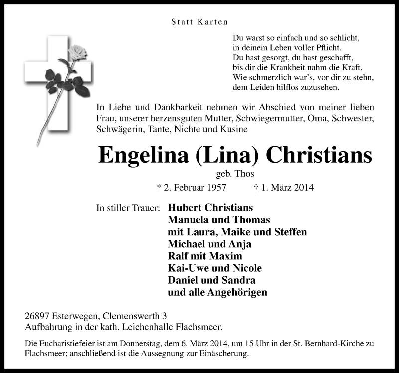  Traueranzeige für Engelina Lina Christians vom 03.03.2014 aus Neue Osnabrücker Zeitung GmbH & Co. KG