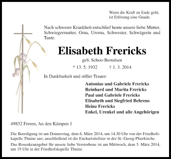 Traueranzeige von Elisabeth Frericks von Neue Osnabrücker Zeitung GmbH & Co. KG