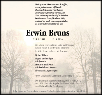 Traueranzeige von Erwin Bruns von Neue Osnabrücker Zeitung GmbH & Co. KG