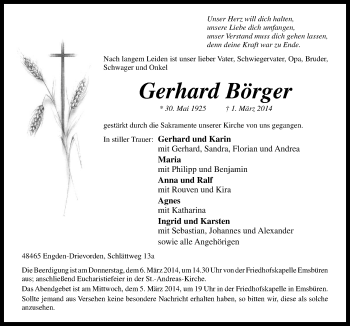 Traueranzeige von Gerhard Börger von Neue Osnabrücker Zeitung GmbH & Co. KG