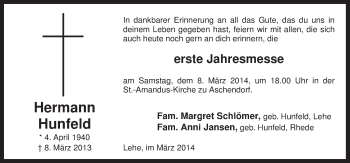 Traueranzeige von Hermann Hunfeld von Neue Osnabrücker Zeitung GmbH & Co. KG