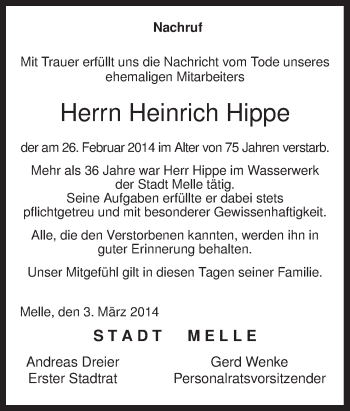 Traueranzeige von Heinrich Hippe von Neue Osnabrücker Zeitung GmbH & Co. KG