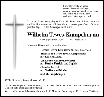 Traueranzeige von Wilhelm Tewes-Kampelmann von Neue Osnabrücker Zeitung GmbH & Co. KG