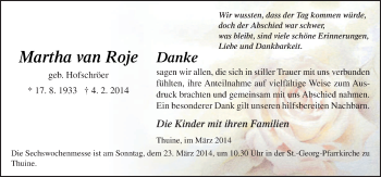 Traueranzeige von Martha van Roje von Neue Osnabrücker Zeitung GmbH & Co. KG
