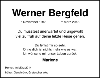 Traueranzeige von Werner Bergfeld von Neue Osnabrücker Zeitung GmbH & Co. KG