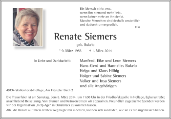 Traueranzeige von Renate Siemers von Neue Osnabrücker Zeitung GmbH & Co. KG