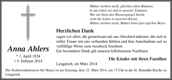 Traueranzeige von Anna Ahlers von Neue Osnabrücker Zeitung GmbH & Co. KG