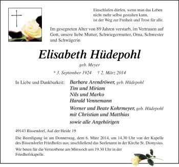 Traueranzeige von Elisabeth Hüdepohl von Neue Osnabrücker Zeitung GmbH & Co. KG