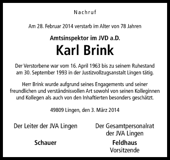 Traueranzeige von Karl Brink von Neue Osnabrücker Zeitung GmbH & Co. KG