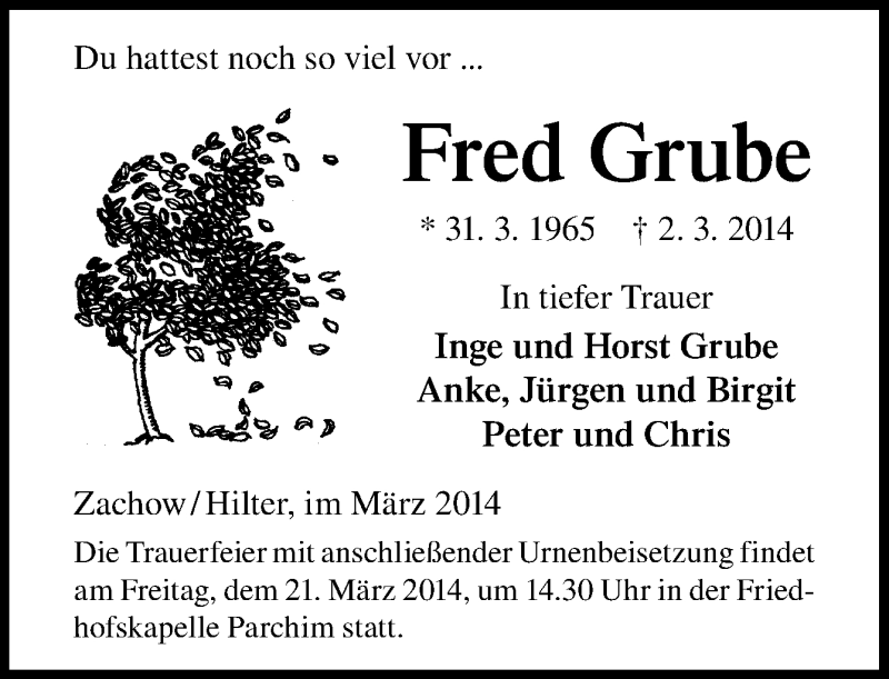  Traueranzeige für Fred Grube vom 08.03.2014 aus Neue Osnabrücker Zeitung GmbH & Co. KG