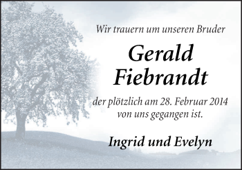 Traueranzeige von Gerald Fiebrandt von Neue Osnabrücker Zeitung GmbH & Co. KG