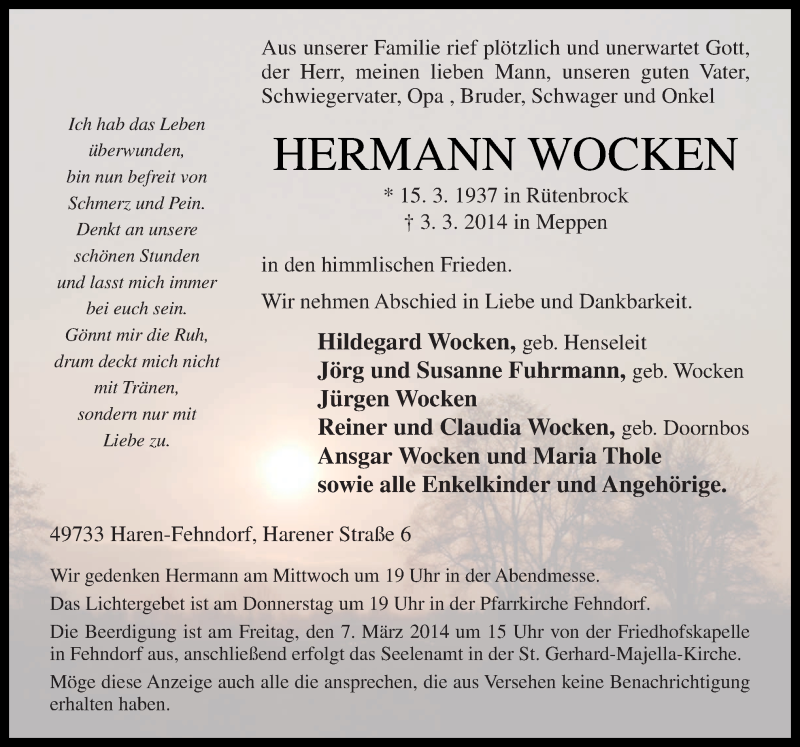  Traueranzeige für Hermann Wocken vom 05.03.2014 aus Neue Osnabrücker Zeitung GmbH & Co. KG