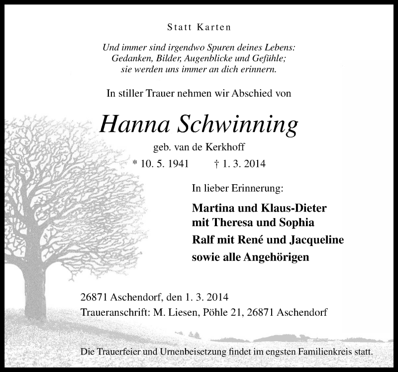  Traueranzeige für Hanna Schwinning vom 06.03.2014 aus Neue Osnabrücker Zeitung GmbH & Co. KG