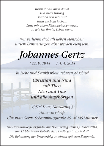 Traueranzeige von Johannes Gertz von Neue Osnabrücker Zeitung GmbH & Co. KG