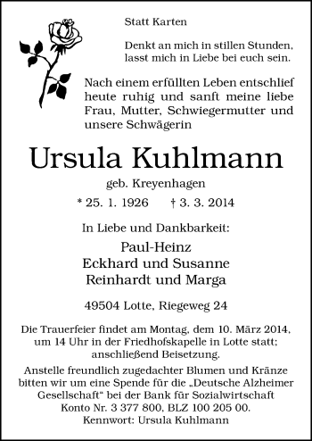 Traueranzeige von Ursula Kuhlmann von Neue Osnabrücker Zeitung GmbH & Co. KG