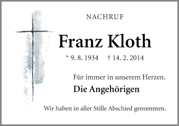 Traueranzeige von Franz Kloth von Neue Osnabrücker Zeitung GmbH & Co. KG