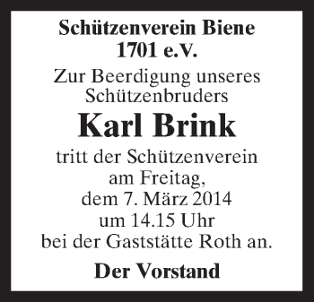 Traueranzeige von Karl Brink von Neue Osnabrücker Zeitung GmbH & Co. KG