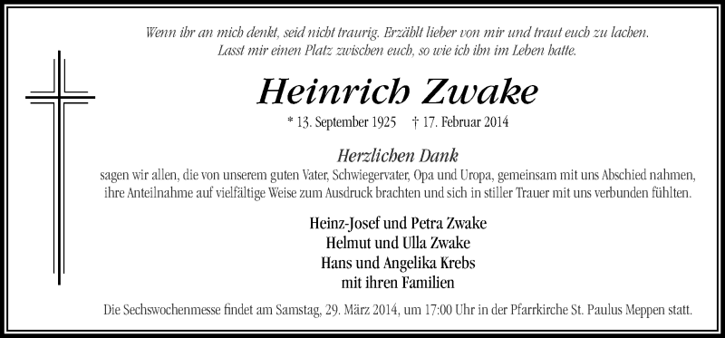  Traueranzeige für Heinrich Zwake vom 26.03.2014 aus Neue Osnabrücker Zeitung GmbH & Co. KG