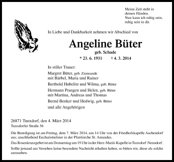 Traueranzeige von Angeline Büter von Neue Osnabrücker Zeitung GmbH & Co. KG