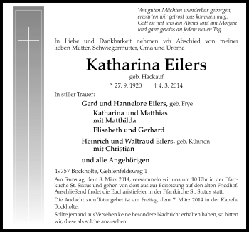 Traueranzeige von Katharina Eilers von Neue Osnabrücker Zeitung GmbH & Co. KG