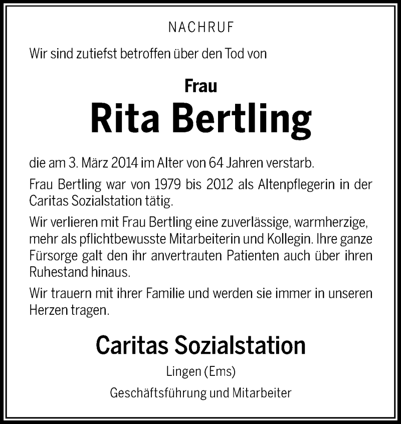  Traueranzeige für Rita Bertling vom 06.03.2014 aus Neue Osnabrücker Zeitung GmbH & Co. KG