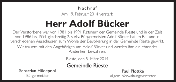 Traueranzeige von Adolf Bücker von Neue Osnabrücker Zeitung GmbH & Co. KG
