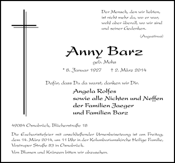 Traueranzeige von Anny Barz von Neue Osnabrücker Zeitung GmbH & Co. KG