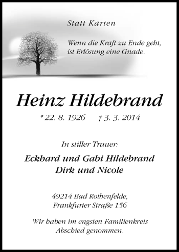 Traueranzeige von Heinz Hildebrand von Neue Osnabrücker Zeitung GmbH & Co. KG