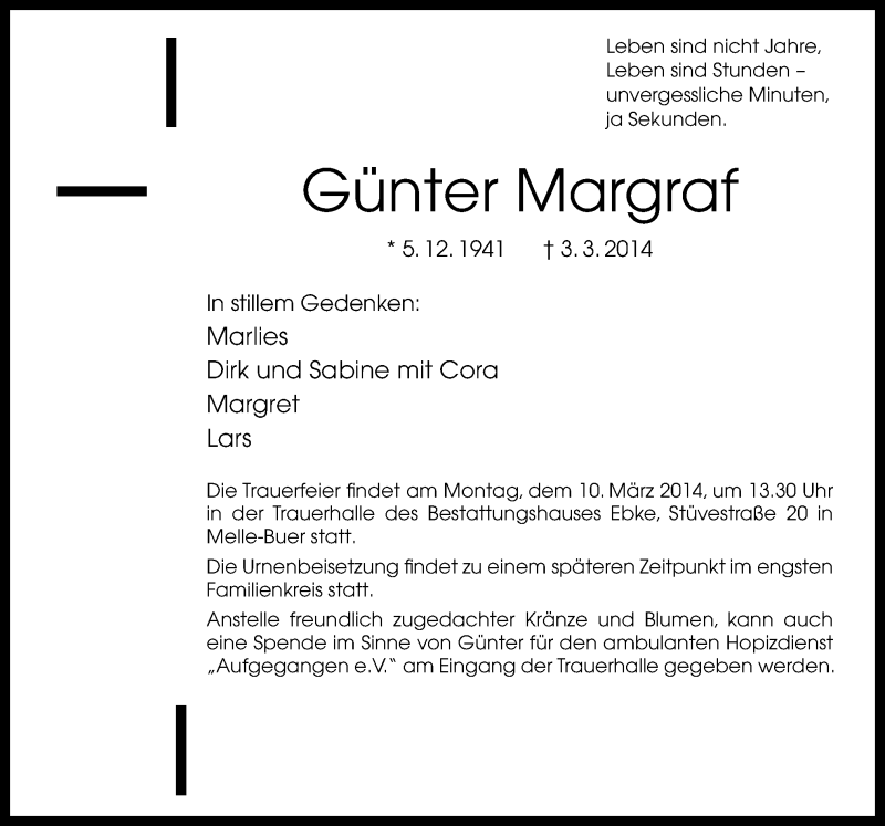  Traueranzeige für Günter Margraf vom 06.03.2014 aus Neue Osnabrücker Zeitung GmbH & Co. KG