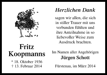 Traueranzeige von Fritz Koopmanns von Neue Osnabrücker Zeitung GmbH & Co. KG
