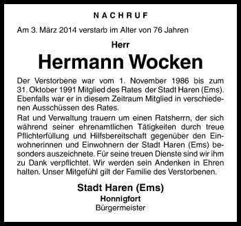 Traueranzeige von Hermann Wocken von Neue Osnabrücker Zeitung GmbH & Co. KG