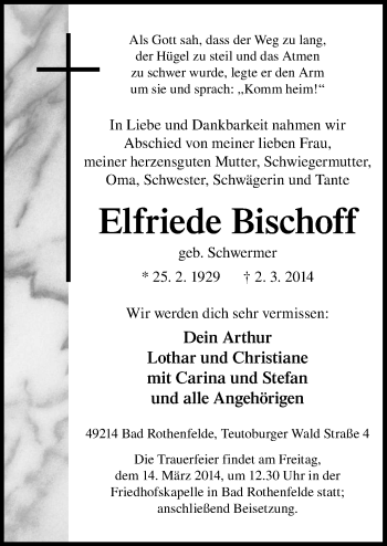 Traueranzeige von Elfriede Bischoff von Neue Osnabrücker Zeitung GmbH & Co. KG