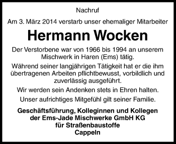 Traueranzeige von Hermann Wocken von Neue Osnabrücker Zeitung GmbH & Co. KG